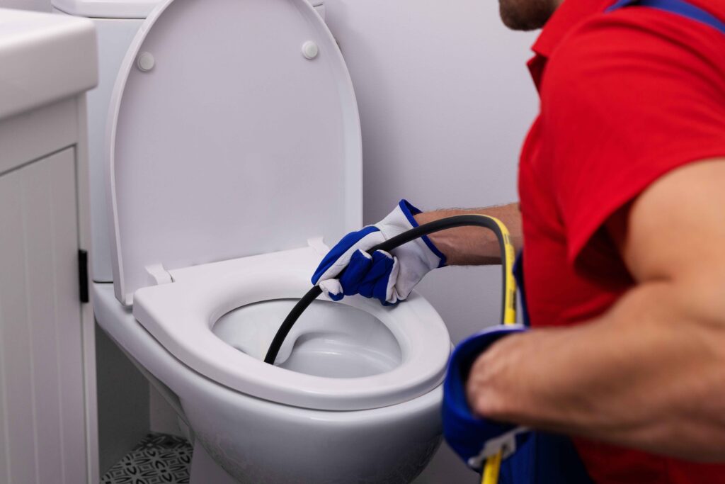 A professional plumber unclogging a blocked toilet with hydro jetting equipment.
