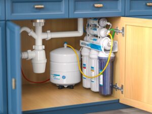 A reverse osmosis system installed under the sink