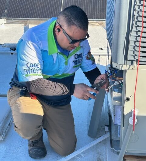 Latest turn
Cool Willy’s HVAC technician servicing an outdoor air conditioning unit in Tucson, AZ.